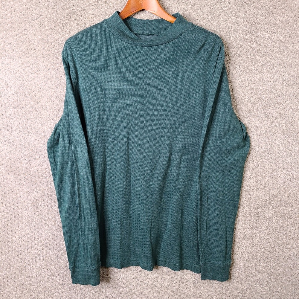 Lands End Shirt Mens L/T Green Herringbone Mock Neck Supima Cotton Long Sleeve